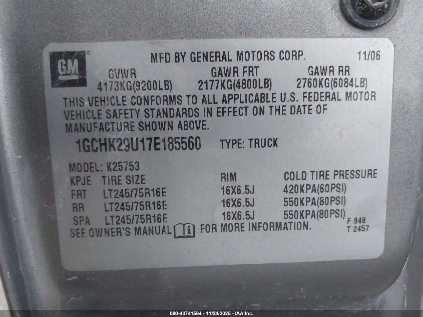 2007 Chevrolet Silverado 2500Hd Classic Lt1 VIN: 1GCHK29U17E185560 Lot: 43741564