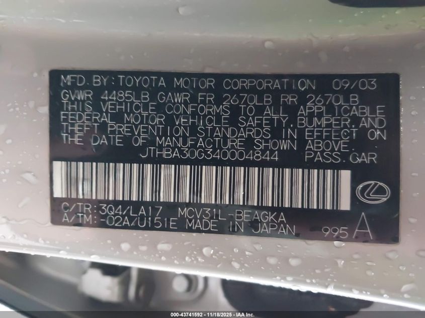 2004 Lexus Es 330 VIN: JTHBA30G340004844 Lot: 43741592