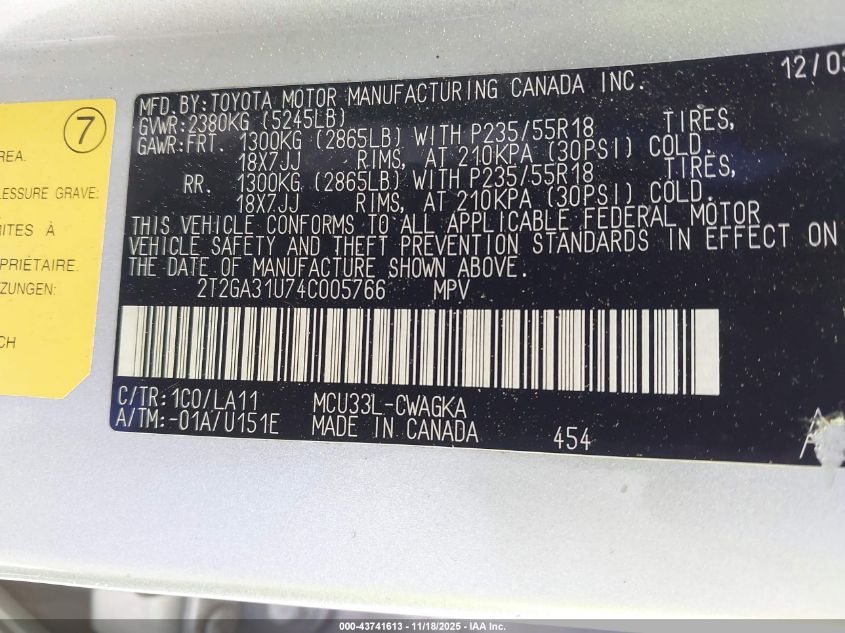 2004 Lexus Rx 330 VIN: 2T2GA31U74C005766 Lot: 43741613