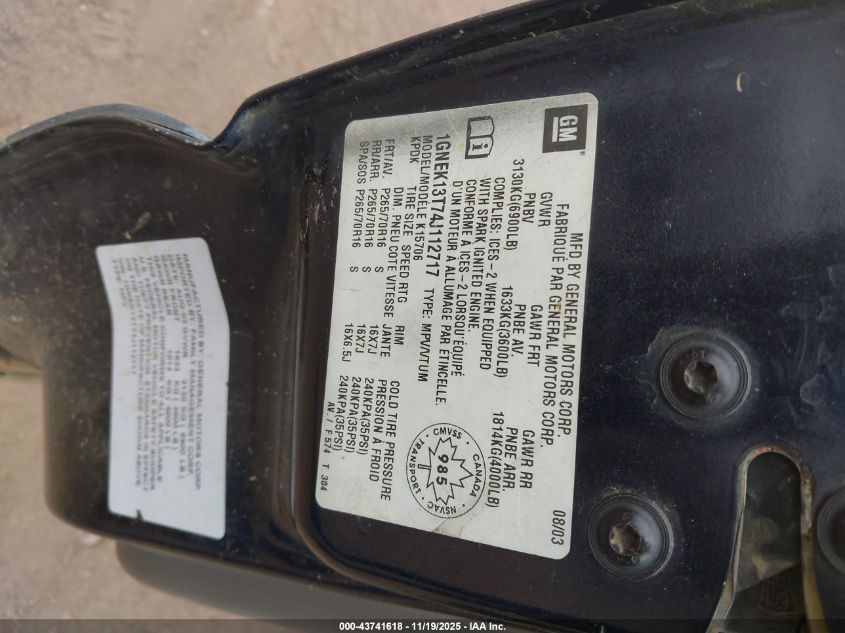 2004 Chevrolet Tahoe Ls/Lt/Z71 VIN: 1GNEK13T74J112717 Lot: 43741618