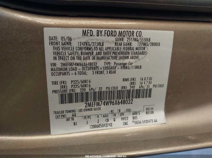 2006 Mercury Grand Marquis Gs VIN: 2MEFM74W96X648032 Lot: 43741619