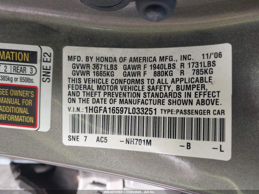 2007 Honda Civic Lx VIN: 1HGFA16597L033251 Lot: 43741622