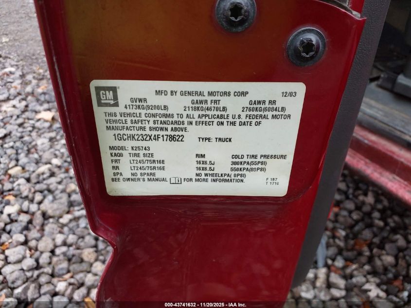 2004 Chevrolet Silverado 2500Hd Ls VIN: 1GCHK232X4F178622 Lot: 43741632