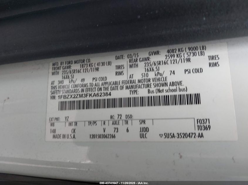 2015 Ford Transit-350 Xlt VIN: 1FBZX2ZM3FKA62384 Lot: 43741647