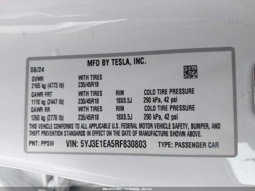 2024 Tesla Model 3 Long Range Dual Motor All-Wheel Drive/Rear-Wheel Drive VIN: 5YJ3E1EA5RF830803 Lot: 43741663