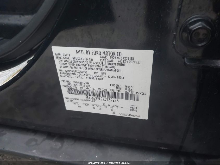 2019 Ford Ecosport S VIN: MAJ6S3FL9KC289233 Lot: 43741673