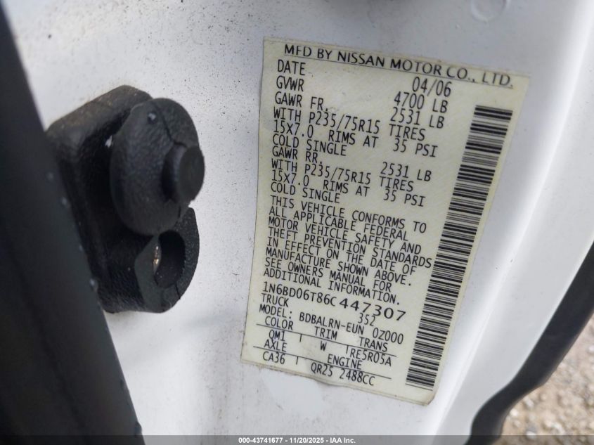 2006 Nissan Frontier Xe VIN: 1N6BD06T86C447307 Lot: 43741677