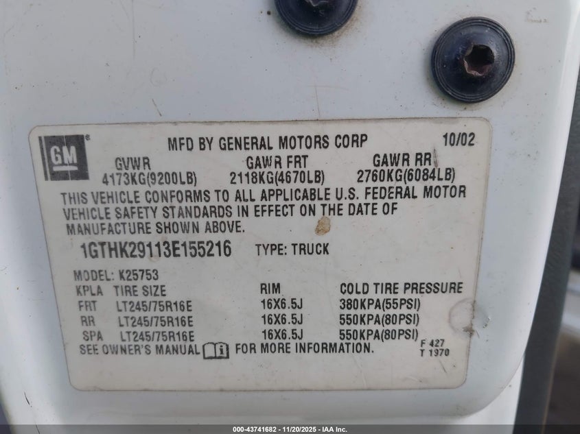 2003 GMC Sierra 2500Hd Sle VIN: 1GTHK29113E155216 Lot: 43741682