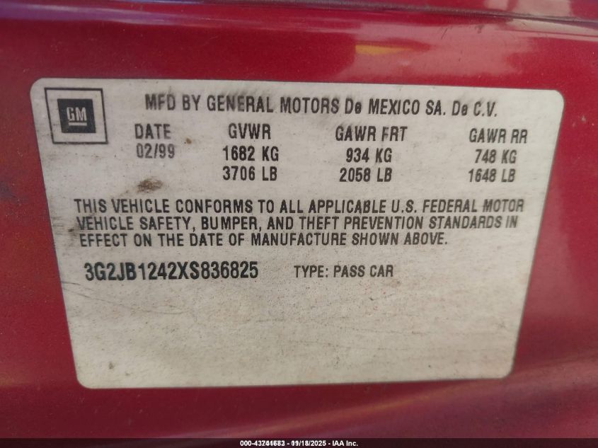 1999 Pontiac Sunfire Se VIN: 3G2JB1242XS836825 Lot: 43741683