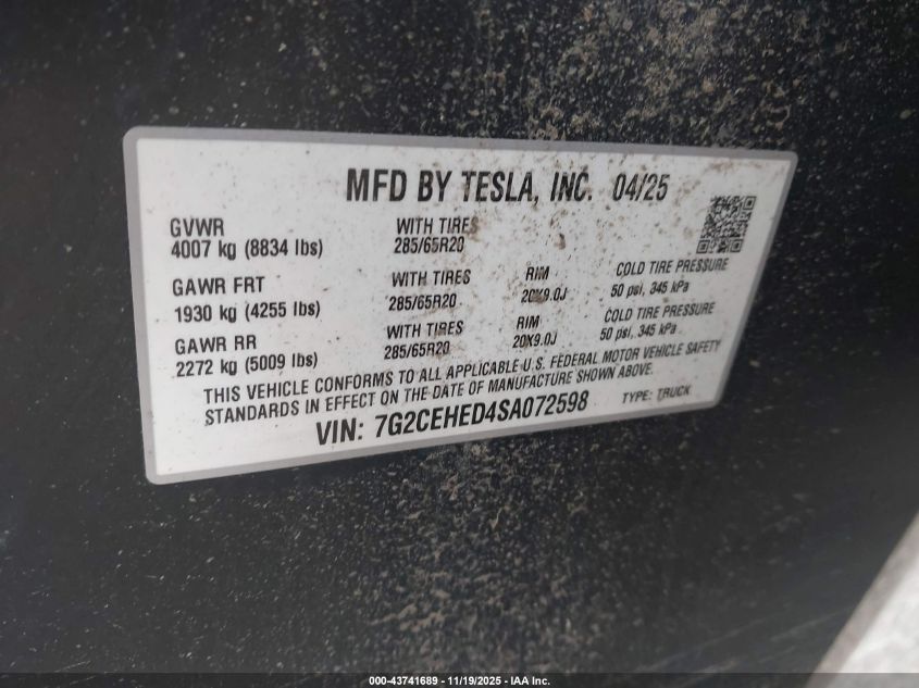 2025 Tesla Cybertruck All-Wheel Drive VIN: 7G2CEHED4SA072598 Lot: 43741689