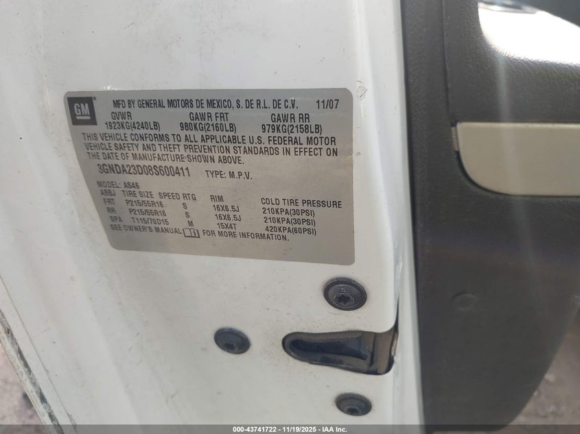 2008 Chevrolet Hhr Lt VIN: 3GNDA23D08S600411 Lot: 43741722