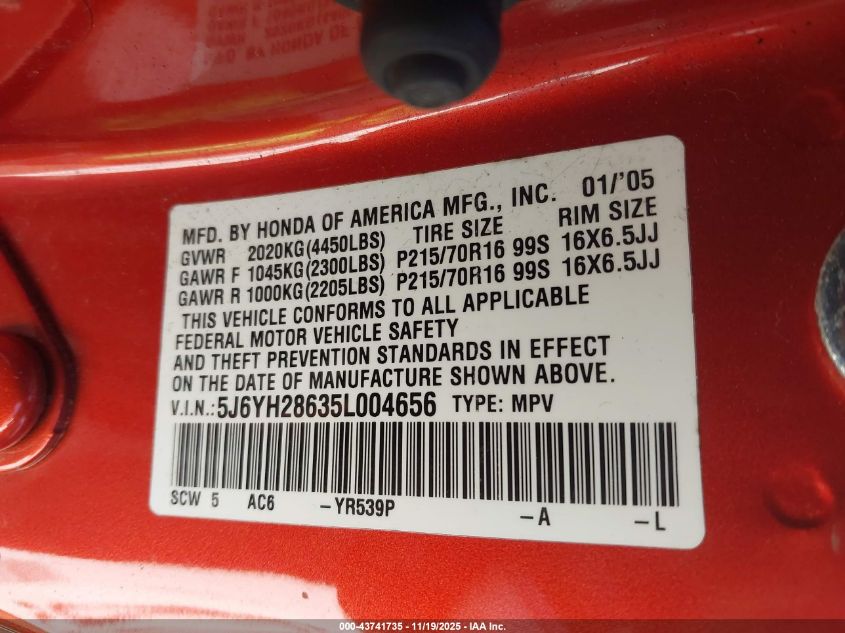 2005 Honda Element Ex VIN: 5J6YH28635L004656 Lot: 43741735