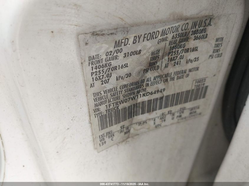 2001 Ford F-150 Harley-Davidson Edition/King Ranch Edition/Lariat/Xlt VIN: 1FTRW07W11KD64949 Lot: 43741773