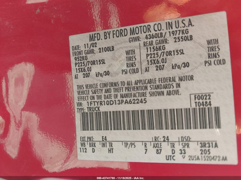 2003 Ford Ranger Xl/Xlt VIN: 1FTYR10D13PA62245 Lot: 43741788