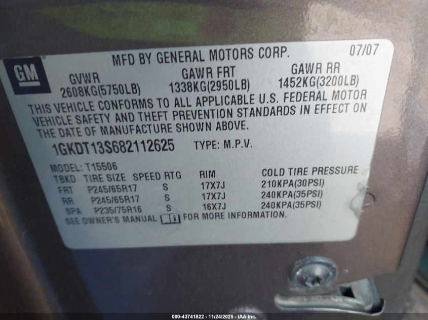 2008 GMC Envoy Sle VIN: 1GKDT13S682112625 Lot: 43741822