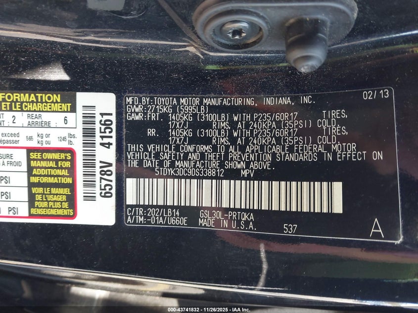 2013 Toyota Sienna Xle V6 8 Passenger VIN: 5TDYK3DC9DS338812 Lot: 43741832