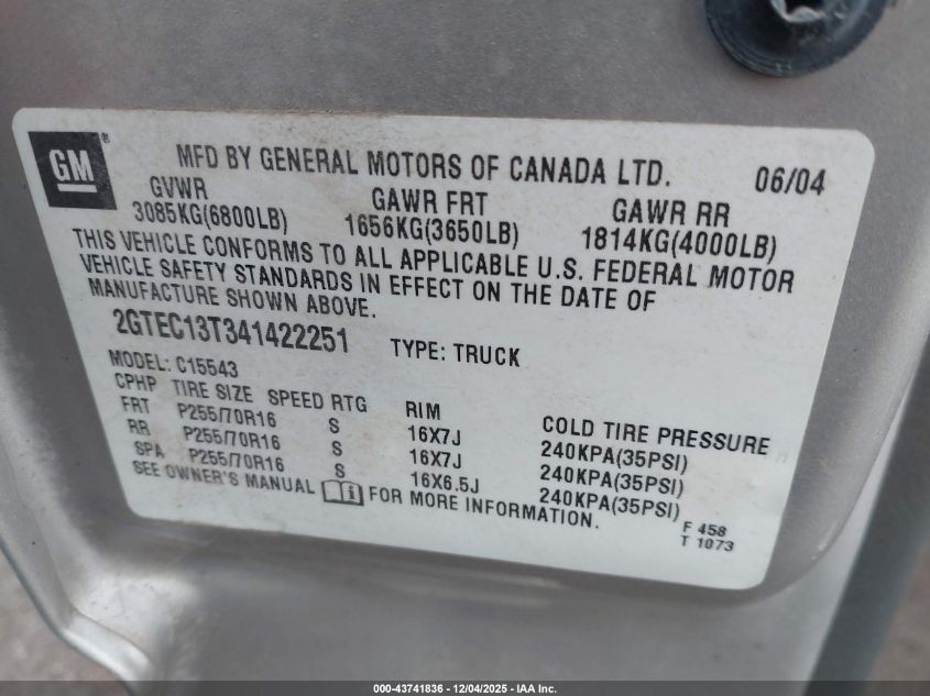 2004 GMC Sierra 1500 Sle VIN: 2GTEC13T341422251 Lot: 43741836