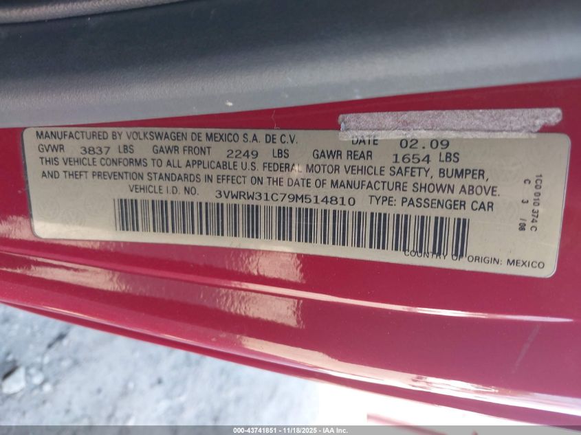 2009 Volkswagen New Beetle 2.5L VIN: 3VWRW31C79M514810 Lot: 43741851