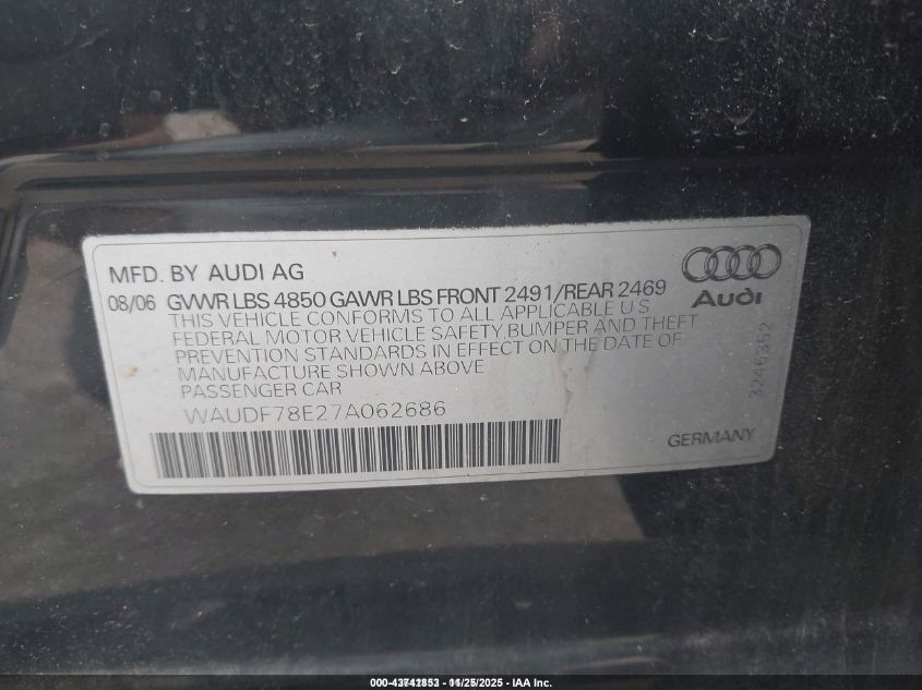 2007 Audi A4 2.0T VIN: WAUDF78E27A062686 Lot: 43741853