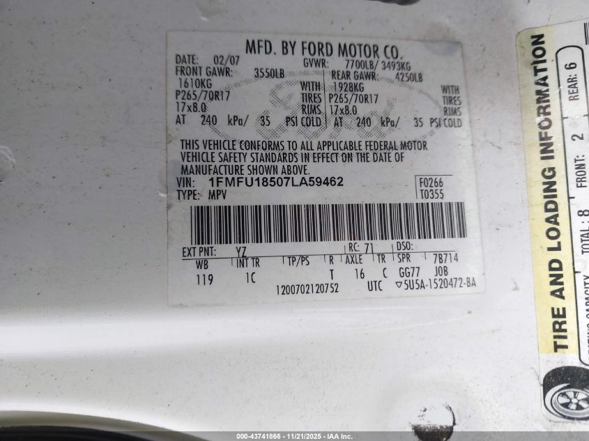 2007 Ford Expedition Eddie Bauer VIN: 1FMFU18507LA59462 Lot: 43741866