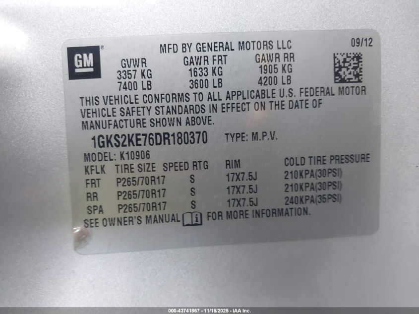 2013 GMC Yukon Xl 1500 Slt VIN: 1GKS2KE76DR180370 Lot: 43741867