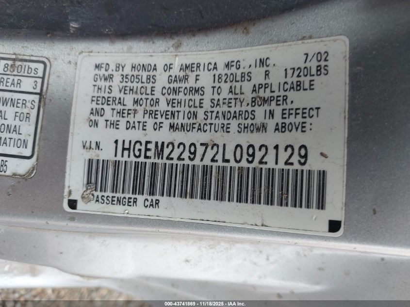 2002 Honda Civic Ex VIN: 1HGEM22972L092129 Lot: 43741869