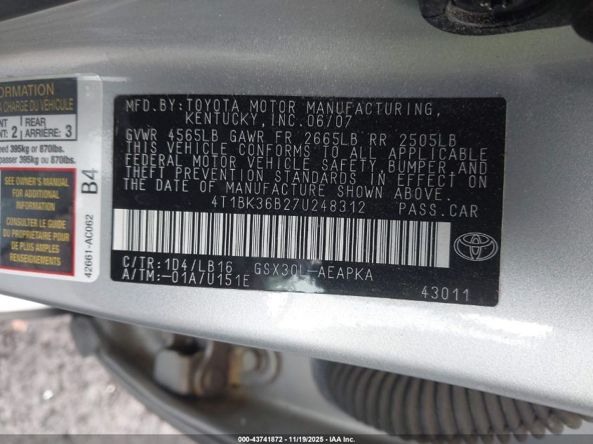 2007 Toyota Avalon Limited VIN: 4T1BK36B27U248312 Lot: 43741872