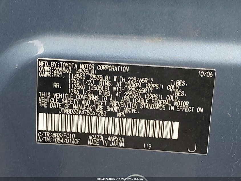 2007 Toyota Rav4 VIN: JTMBD33V475067283 Lot: 43741875