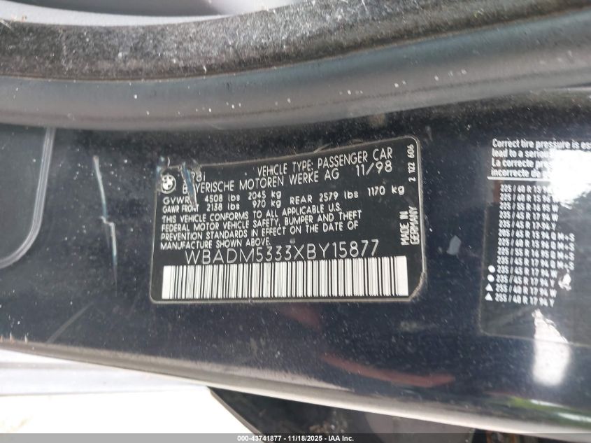 1999 BMW 528I VIN: WBADM5333XBY15877 Lot: 43741877