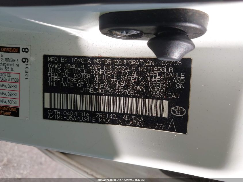 2009 Toyota Corolla Le VIN: JTDBL40E299027051 Lot: 43741880