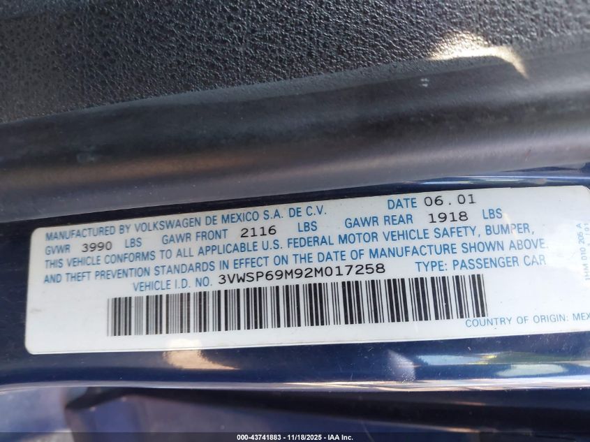 2002 Volkswagen Jetta Gls Tdi VIN: 3VWSP69M92M017258 Lot: 43741883