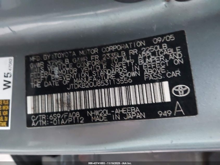 2005 Toyota Prius VIN: JTDKB20U853113556 Lot: 43741893