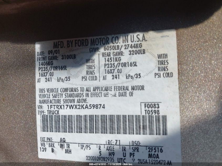 2002 Ford F-150 Lariat/Xl/Xlt VIN: 1FTRX17WX2KA59874 Lot: 43741910