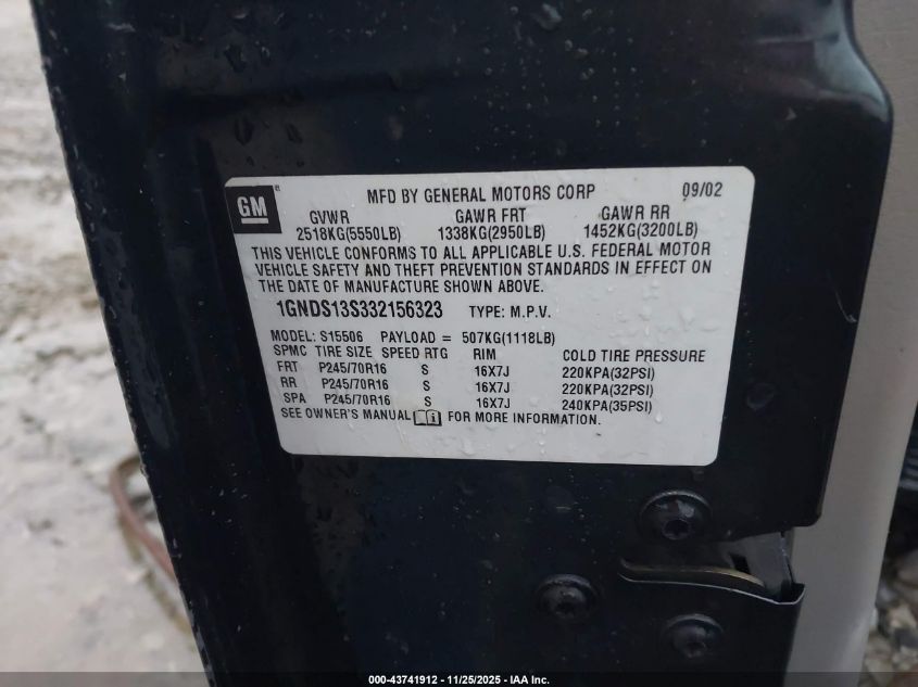 2003 Chevrolet Trailblazer Ls VIN: 1GNDS13S332156323 Lot: 43741912