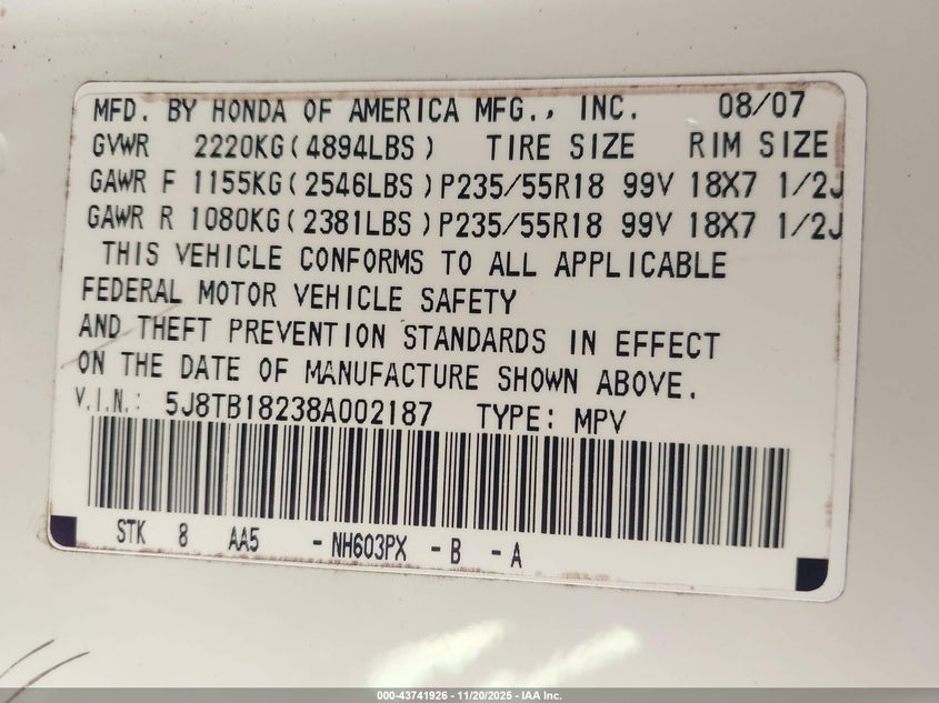 2008 Acura Rdx VIN: 5J8TB18238A002187 Lot: 43741926