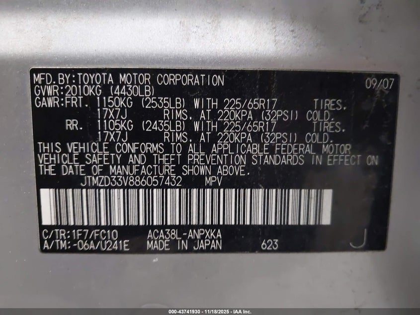 2008 Toyota Rav4 VIN: JTMZD33V886057432 Lot: 43741930