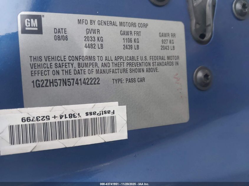 2007 Pontiac G6 Gt VIN: 1G2ZH57N574142222 Lot: 43741951