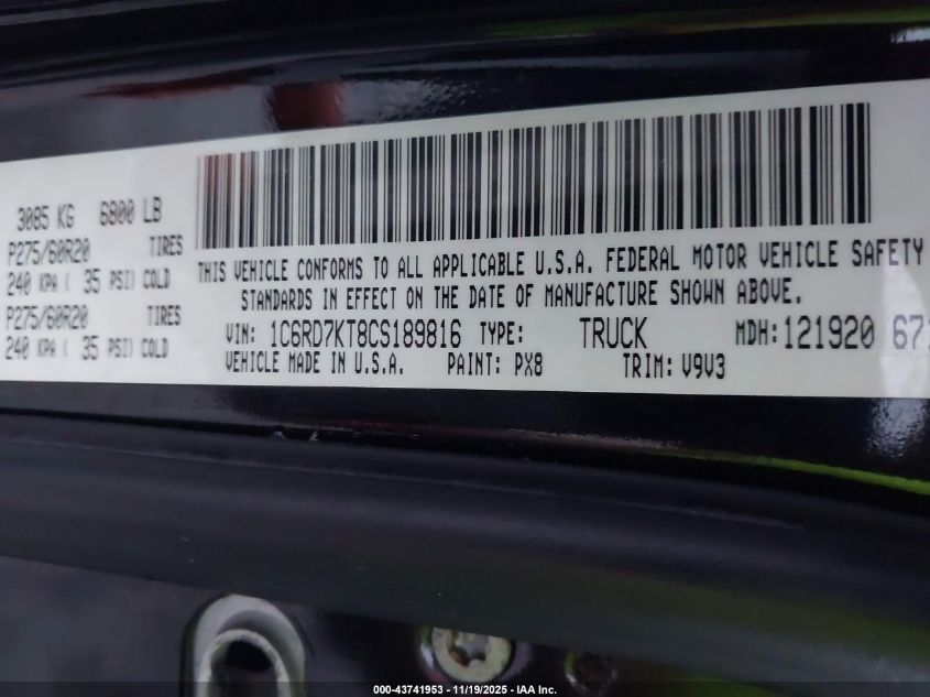 2012 Ram 1500 St VIN: 1C6RD7KT8CS189816 Lot: 43741953