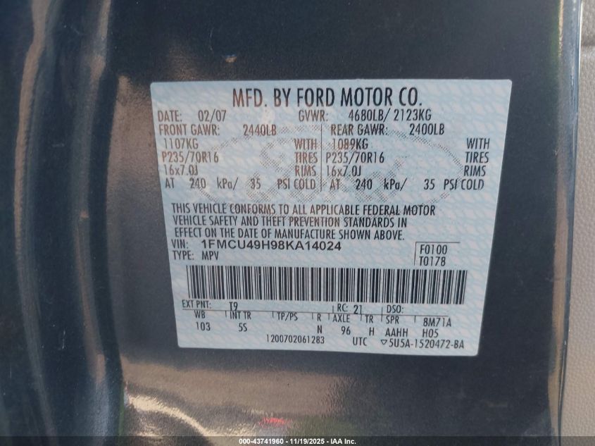 2008 Ford Escape Hybrid VIN: 1FMCU49H98KA14024 Lot: 43741960