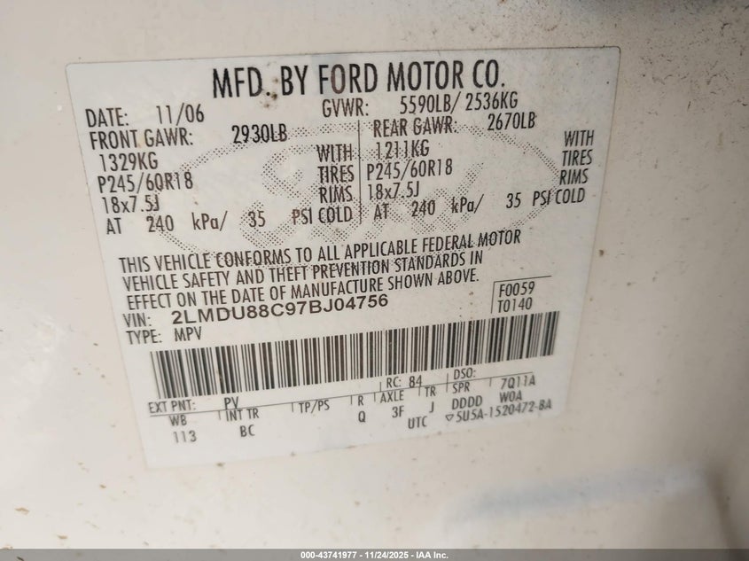 2007 Lincoln Mkx VIN: 2LMDU88C97BJ04756 Lot: 43741977