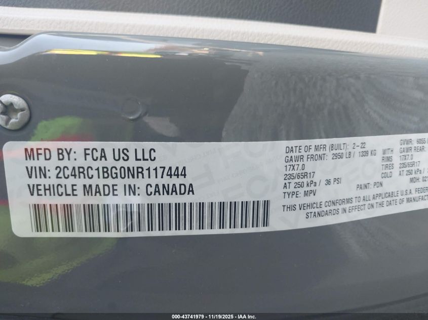 2022 Chrysler Pacifica Touring L VIN: 2C4RC1BG0NR117444 Lot: 43741979