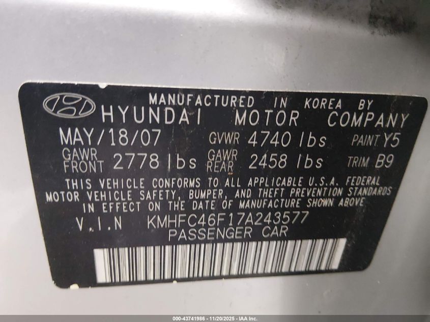 2007 Hyundai Azera Limited/Se VIN: KMHFC46F17A243577 Lot: 43741986