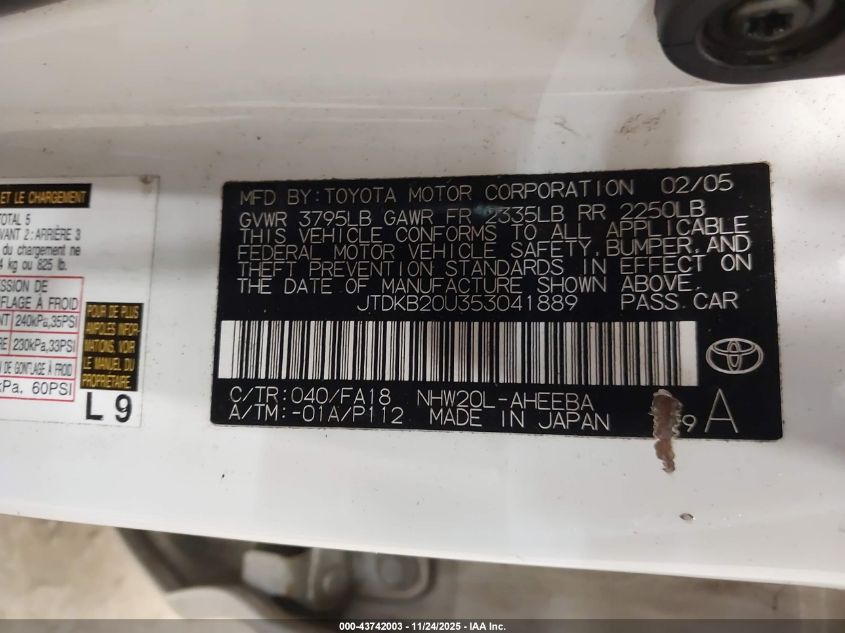 2005 Toyota Prius VIN: JTDKB20U353041889 Lot: 43742003