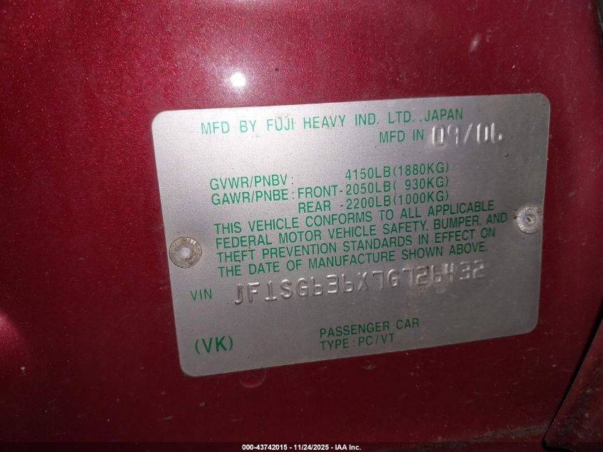 2007 Subaru Forester 2.5X VIN: JF1SG636X7G726432 Lot: 43742015