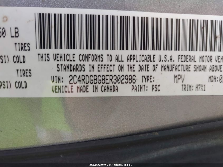 2014 Dodge Grand Caravan Se VIN: 2C4RDGBG8ER302986 Lot: 43742020