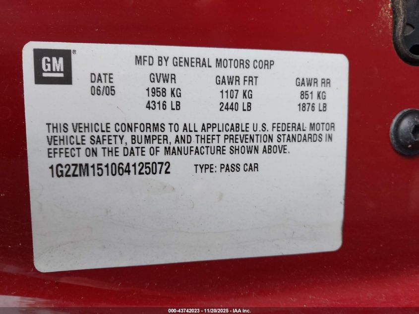 2006 Pontiac G6 Gtp VIN: 1G2ZM151064125072 Lot: 43742023