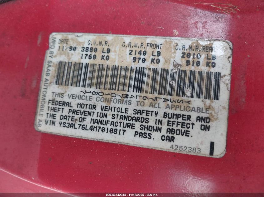 1991 Saab 900 Se VIN: YS3AL76L4M7010817 Lot: 43742034