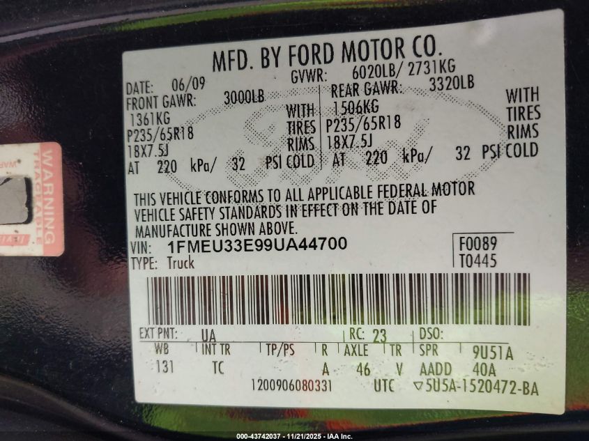 2009 Ford Explorer Sport Trac Limited VIN: 1FMEU33E99UA44700 Lot: 43742037