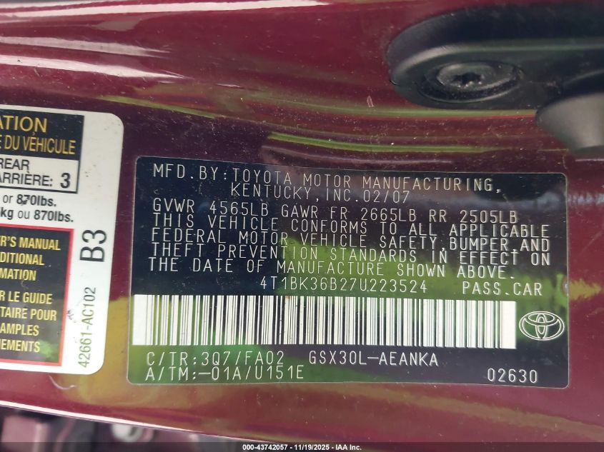 2007 Toyota Avalon Xl VIN: 4T1BK36B27U223524 Lot: 43742057