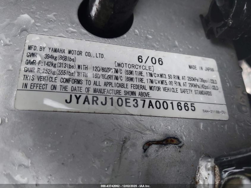 2007 Yamaha Yzf600 R VIN: 0JYARJ10E37A00166 Lot: 43742062